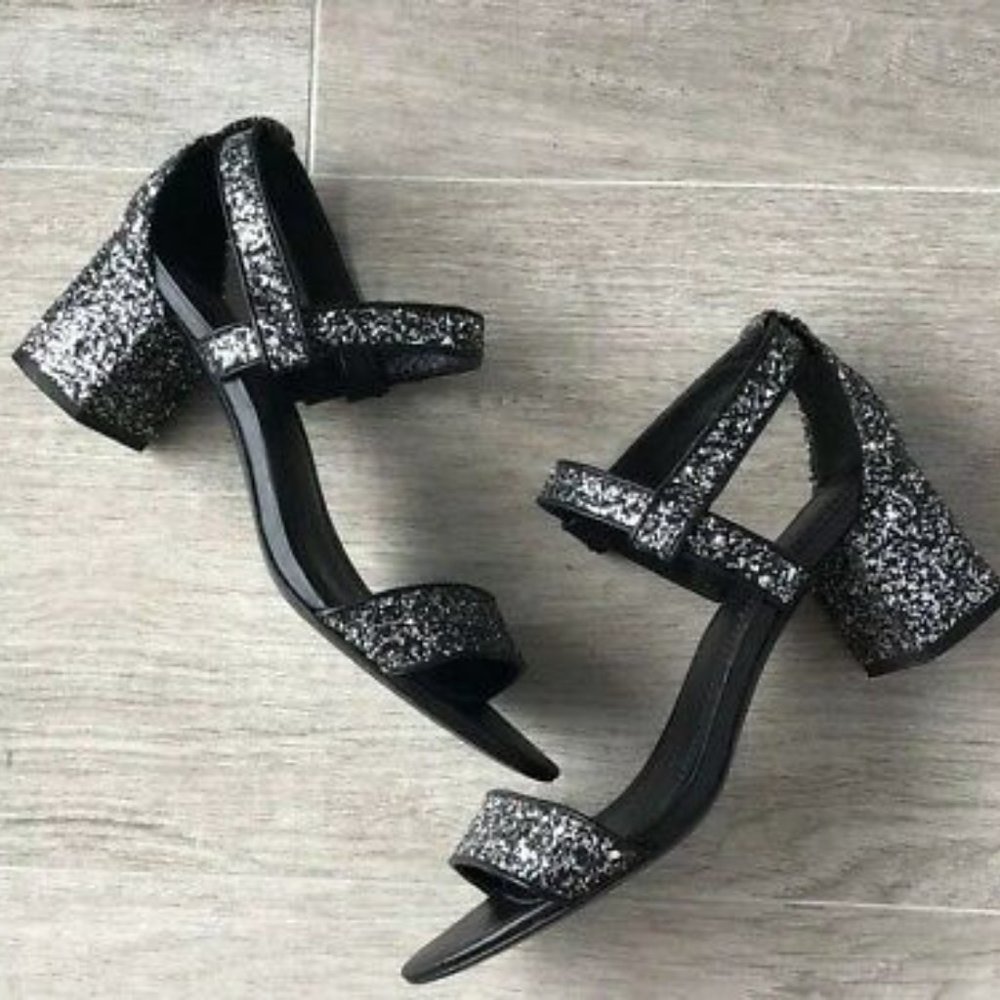 Sandro Glitter Leather Low Block Heel Sz 39 - Picture 2 of 16